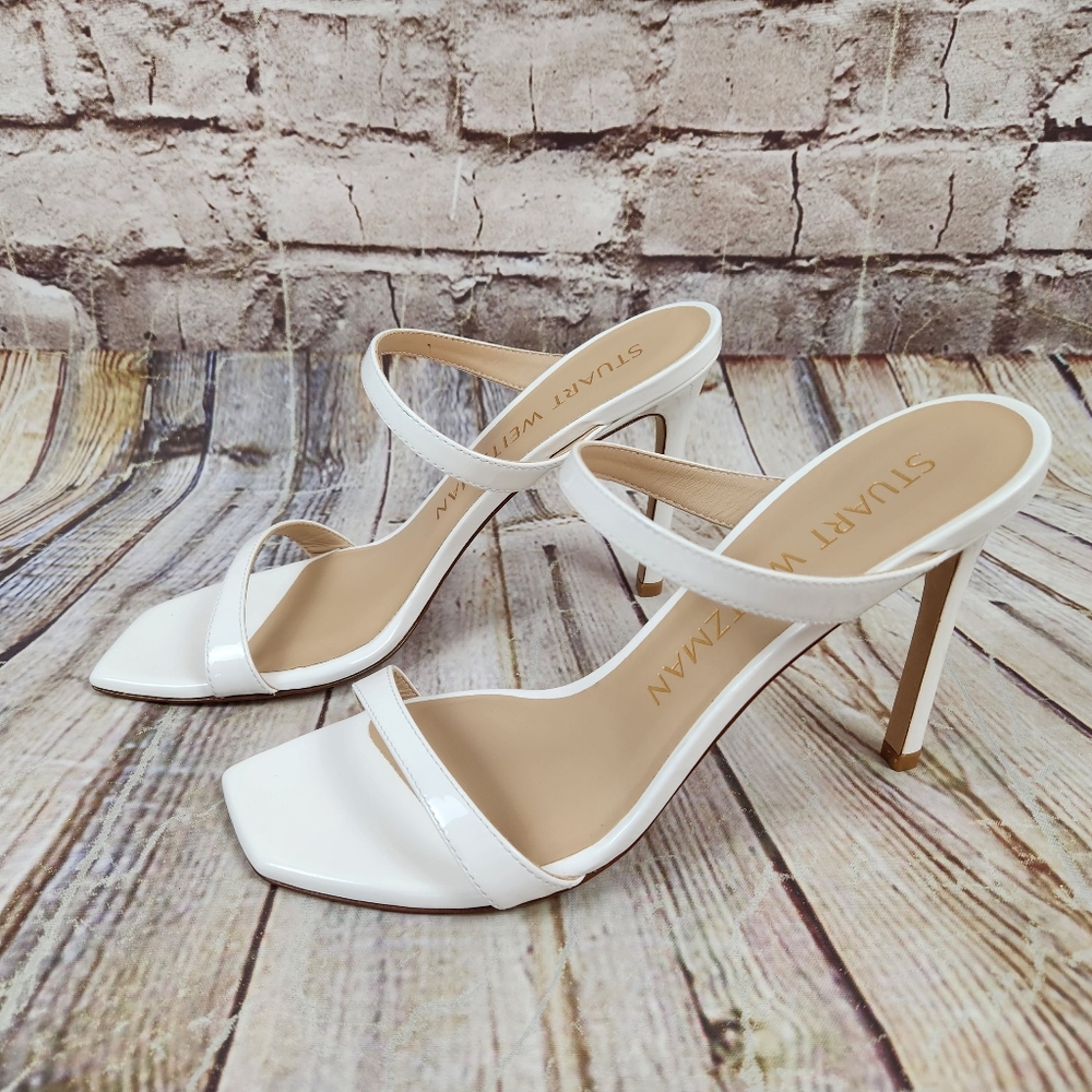 Stuart Weitzman Aleena White Leather Patent Heels Sandals Size 8 New